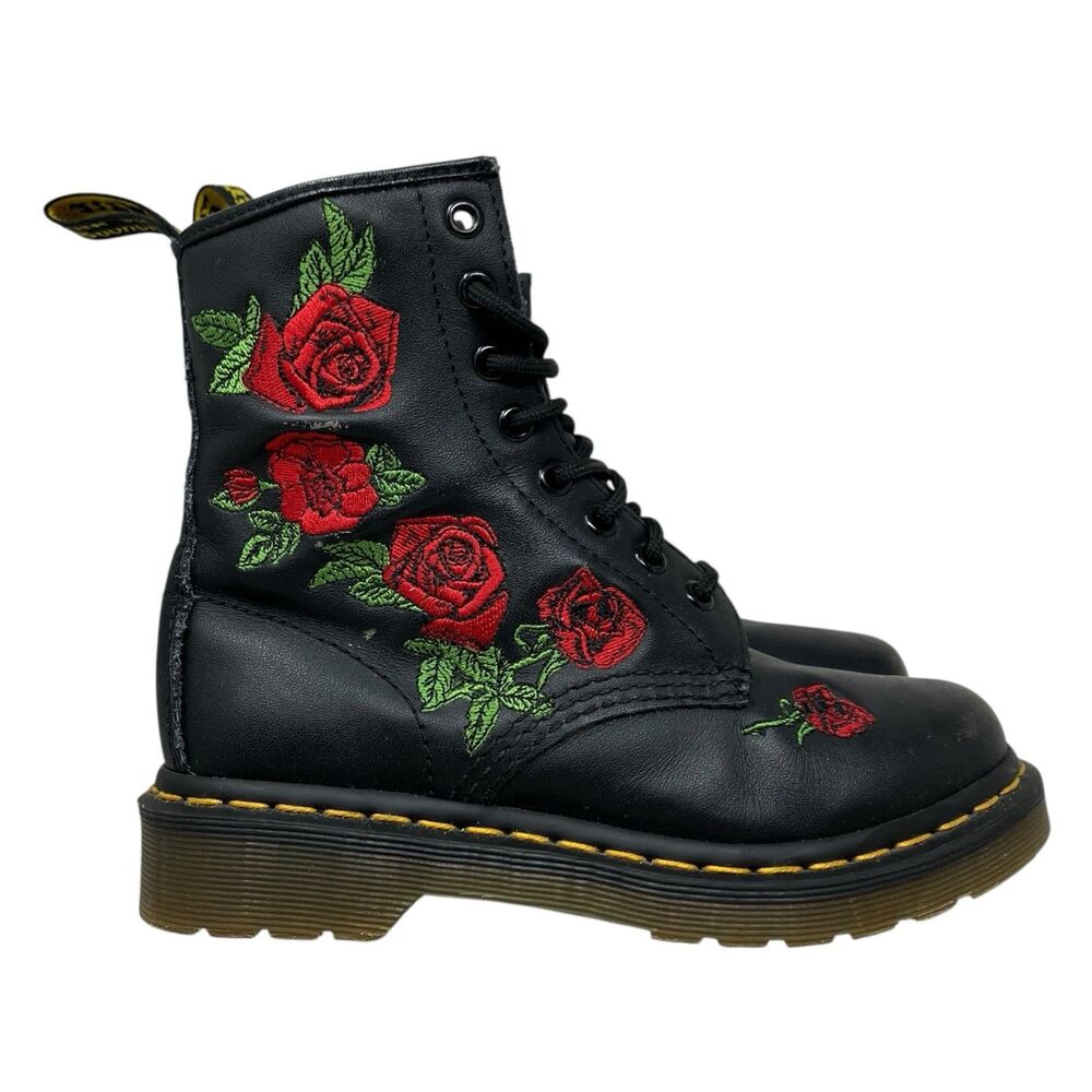 Dr Martens Black Leather 1460 Vonda Roses Floral Combat Embroidered Boots - Picture 2 of 15